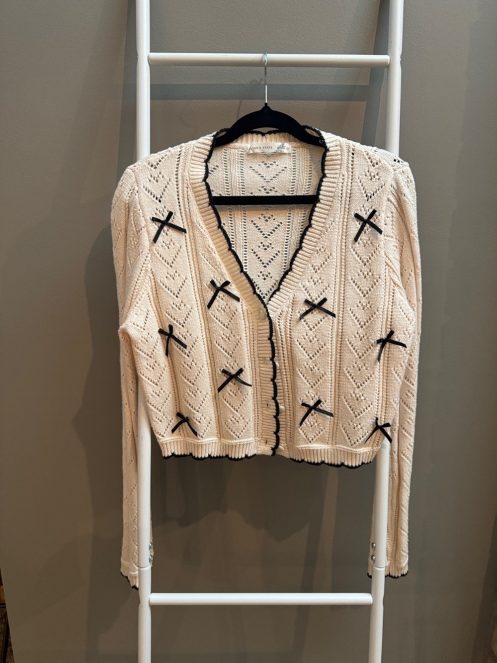 Women’s Altar’d State Cream Knit Cardigan with Black Trim and Bows